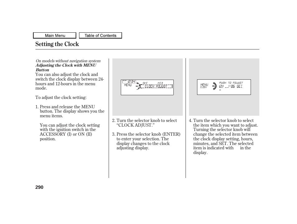 Setting the clock | Acura 2010 TSX User Manual | Page 293 / 524