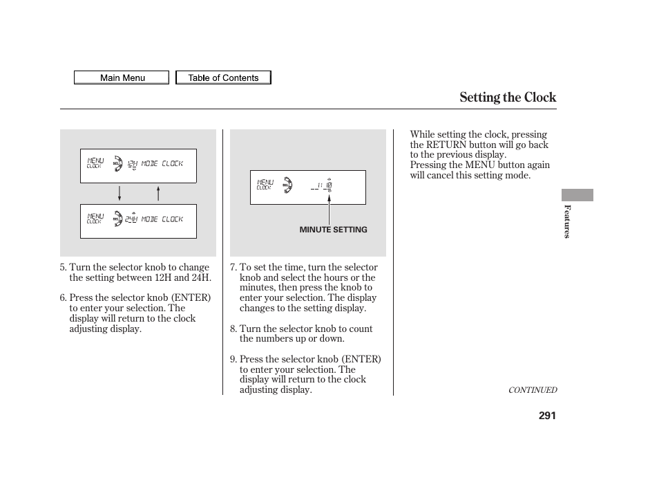 Setting the clock | Acura 2010 TSX User Manual | Page 294 / 524