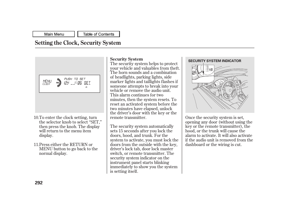 Setting the clock, security system | Acura 2010 TSX User Manual | Page 295 / 524