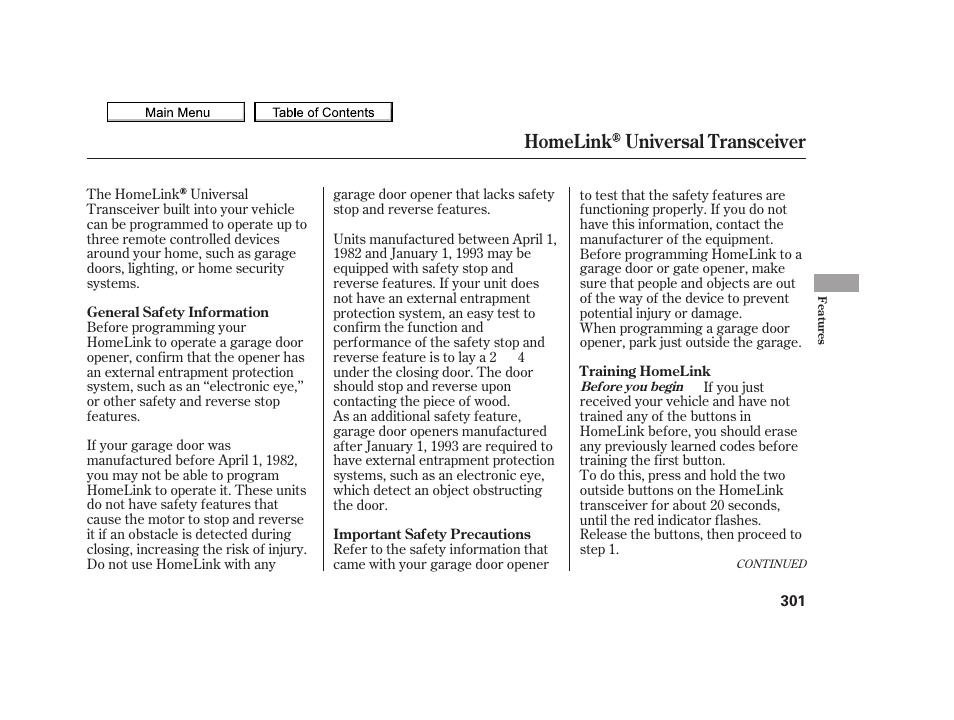 Homelink universal transceiver | Acura 2010 TSX User Manual | Page 304 / 524