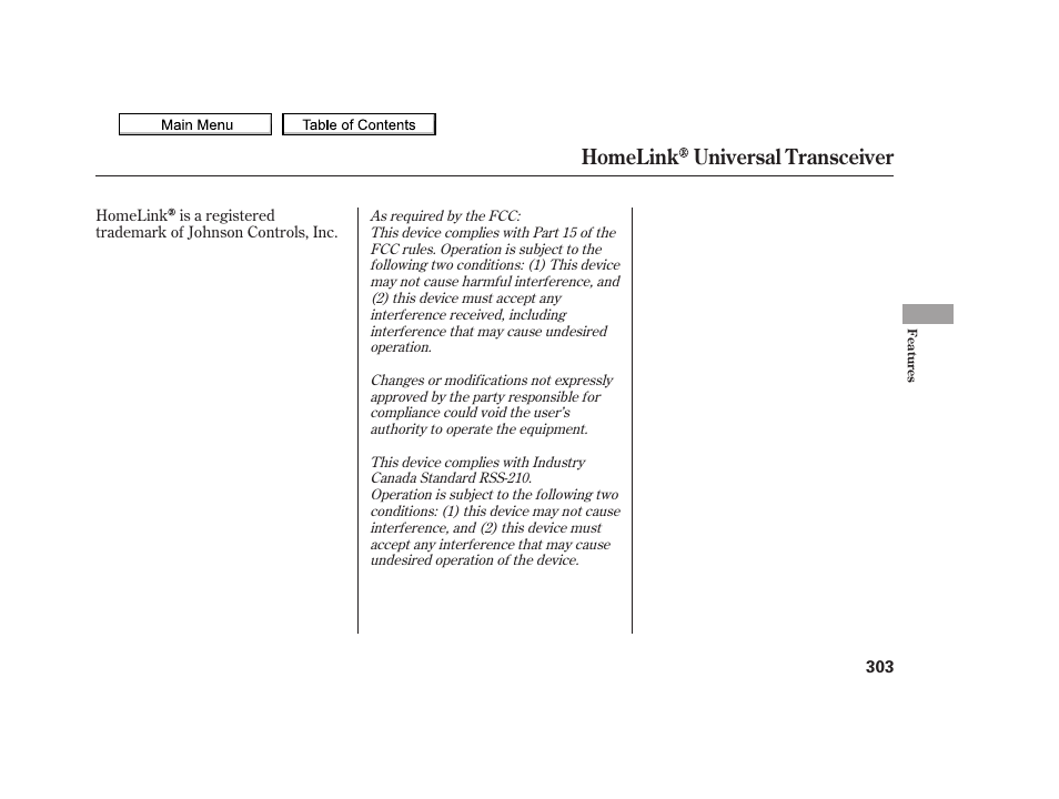 Homelink universal transceiver, 2010 tsx | Acura 2010 TSX User Manual | Page 306 / 524