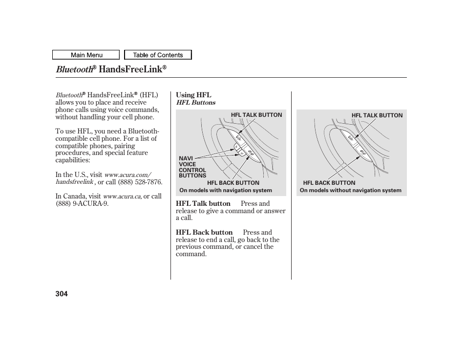 Handsfreelink, Bluetooth | Acura 2010 TSX User Manual | Page 307 / 524