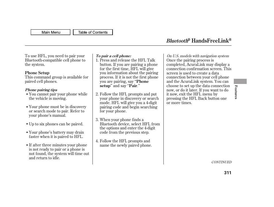 Handsfreelink, Bluetooth | Acura 2010 TSX User Manual | Page 314 / 524