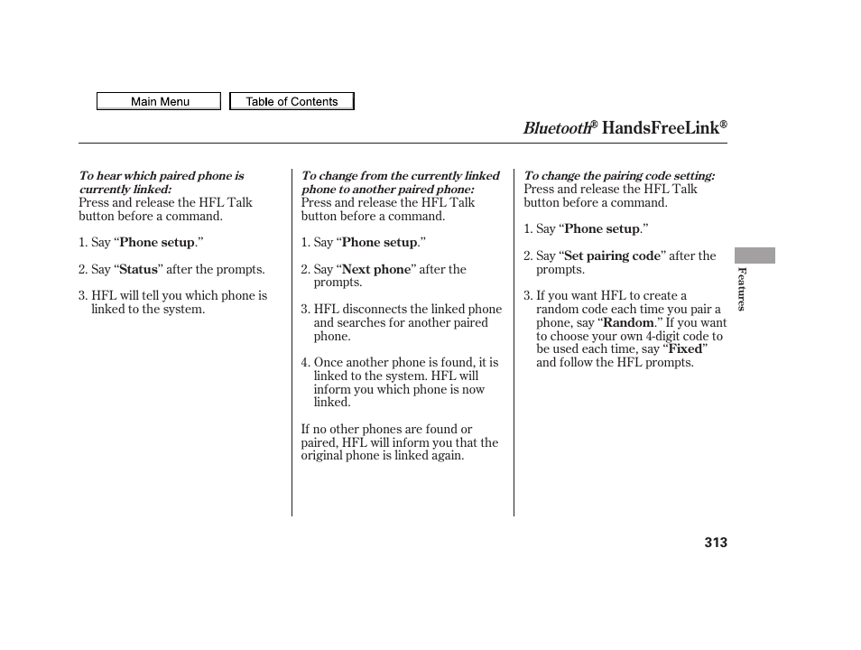 Handsfreelink, Bluetooth | Acura 2010 TSX User Manual | Page 316 / 524