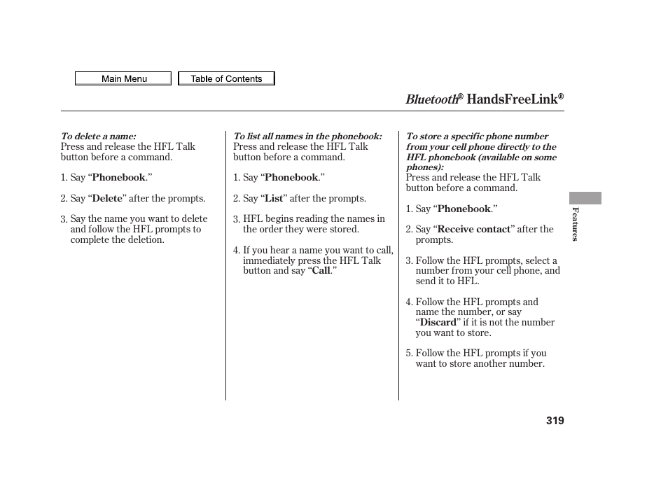 Handsfreelink, Bluetooth | Acura 2010 TSX User Manual | Page 322 / 524