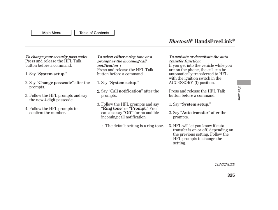 Handsfreelink, Bluetooth | Acura 2010 TSX User Manual | Page 328 / 524