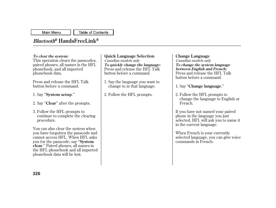Handsfreelink, Bluetooth | Acura 2010 TSX User Manual | Page 329 / 524