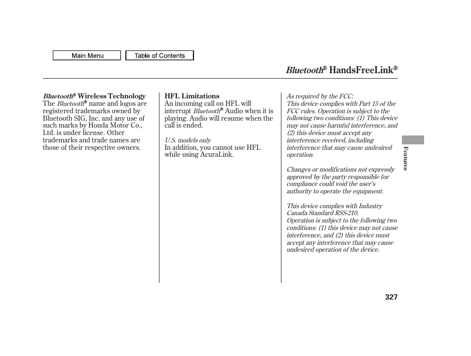 Handsfreelink, Bluetooth | Acura 2010 TSX User Manual | Page 330 / 524
