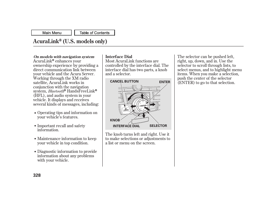 Acuralink (u.s. models only) | Acura 2010 TSX User Manual | Page 331 / 524