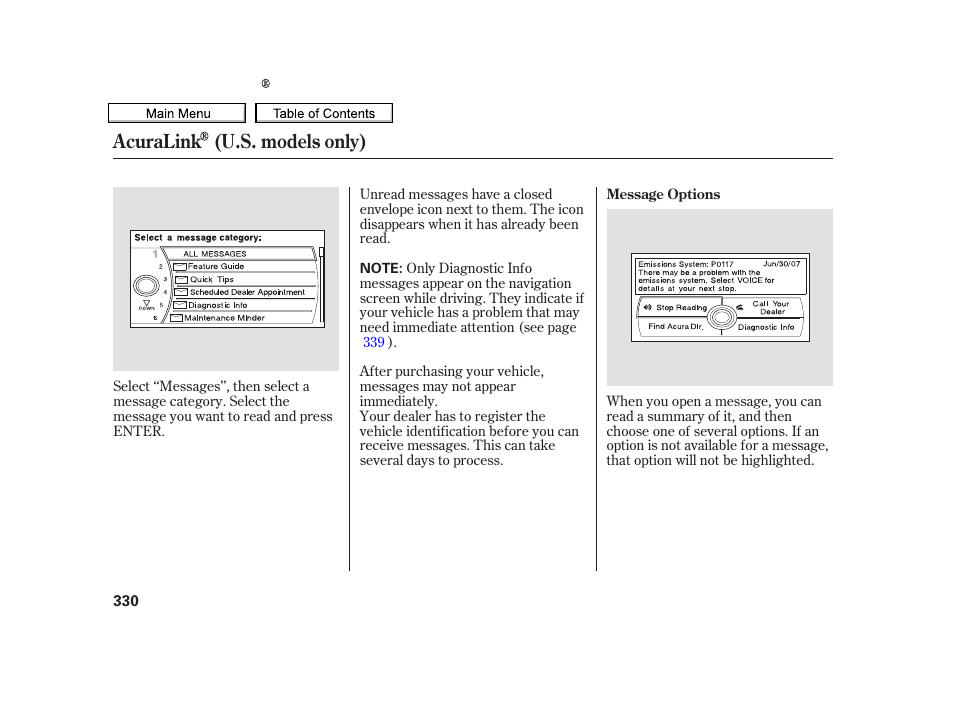 Acuralink (u.s. models only) | Acura 2010 TSX User Manual | Page 333 / 524