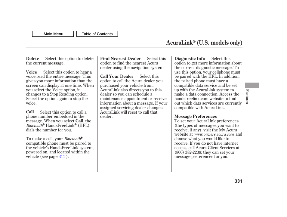 Acuralink (u.s. models only) | Acura 2010 TSX User Manual | Page 334 / 524