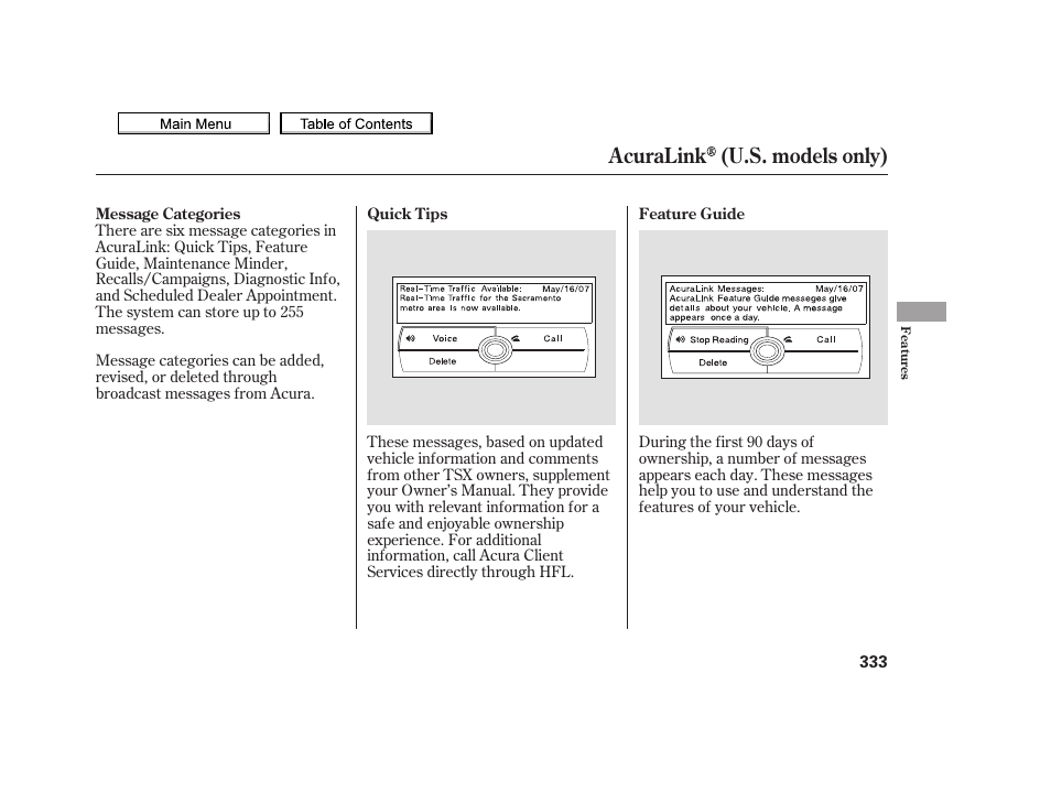 Acuralink (u.s. models only) | Acura 2010 TSX User Manual | Page 336 / 524