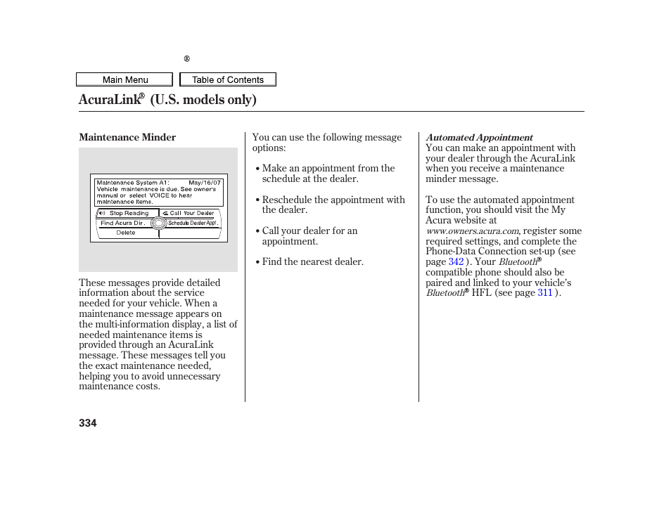 Acuralink (u.s. models only) | Acura 2010 TSX User Manual | Page 337 / 524