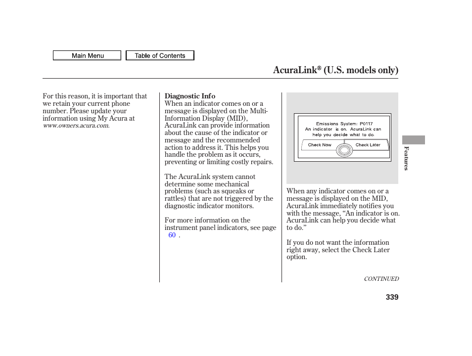 Acuralink (u.s. models only) | Acura 2010 TSX User Manual | Page 342 / 524