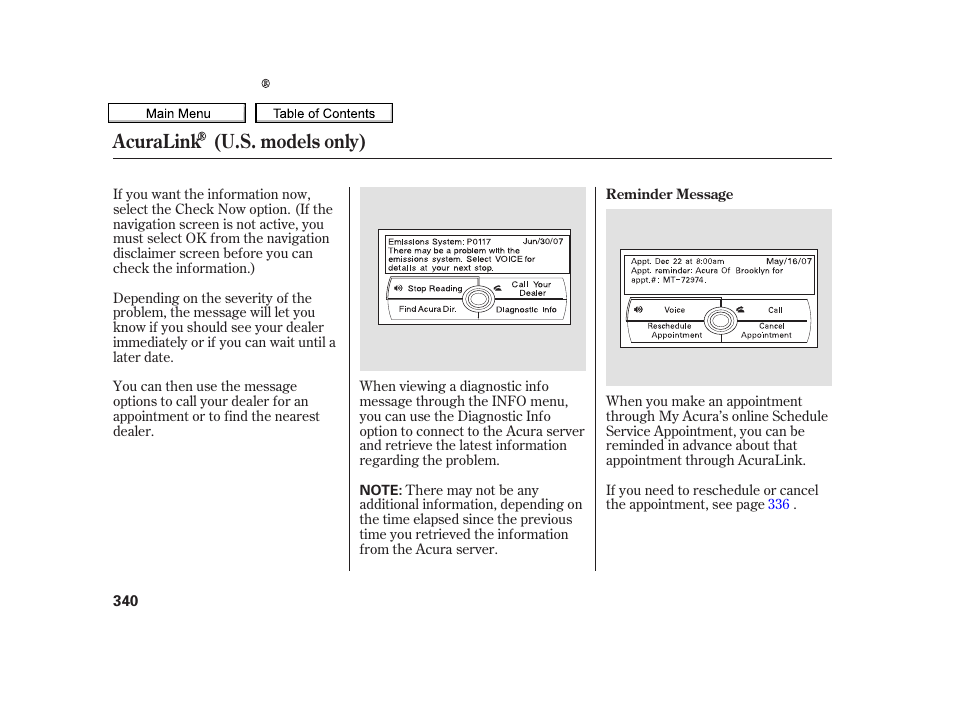 Acuralink (u.s. models only) | Acura 2010 TSX User Manual | Page 343 / 524