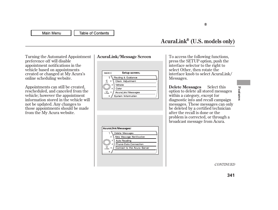 Acuralink (u.s. models only) | Acura 2010 TSX User Manual | Page 344 / 524