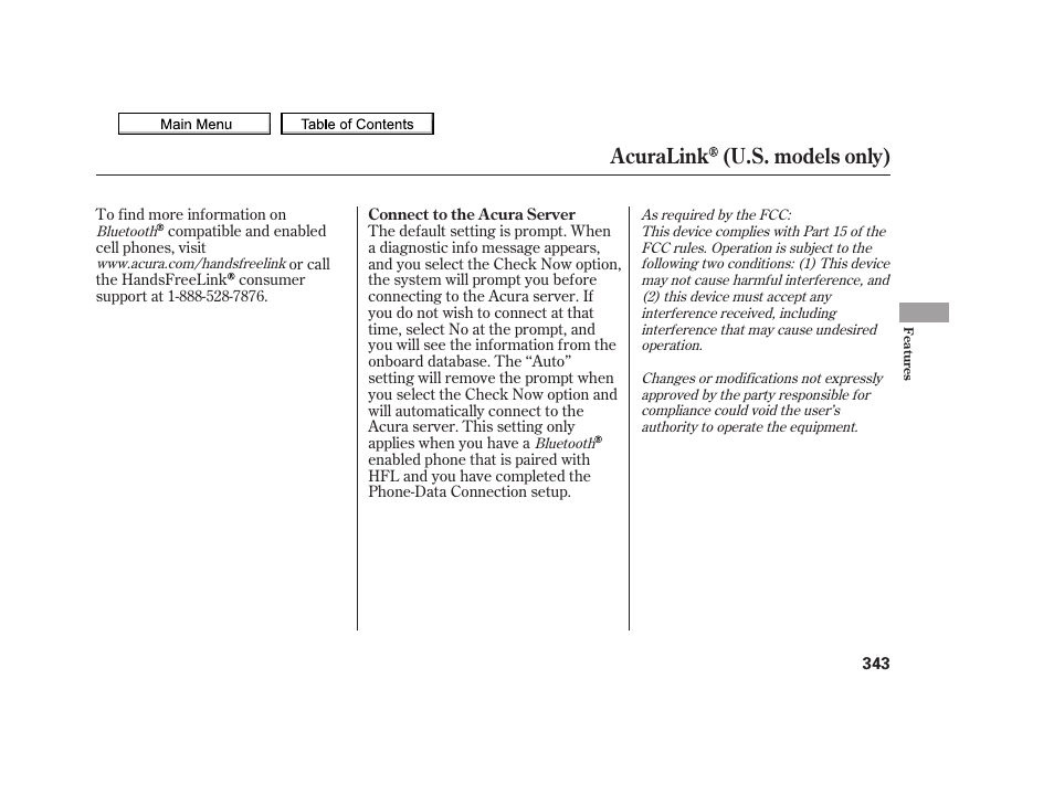 Acuralink (u.s. models only) | Acura 2010 TSX User Manual | Page 346 / 524