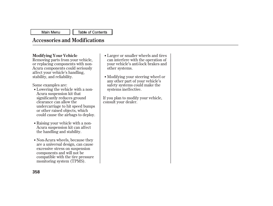 Accessories and modifications | Acura 2010 TSX User Manual | Page 361 / 524