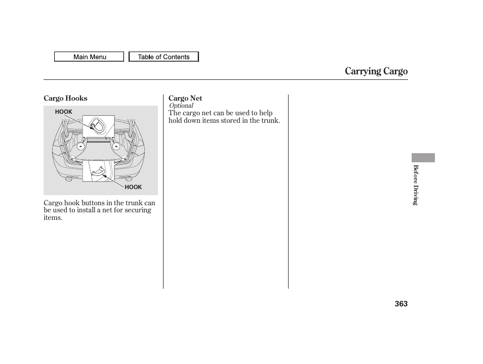 Cargo hooks, Carrying cargo, 2010 tsx | Acura 2010 TSX User Manual | Page 366 / 524