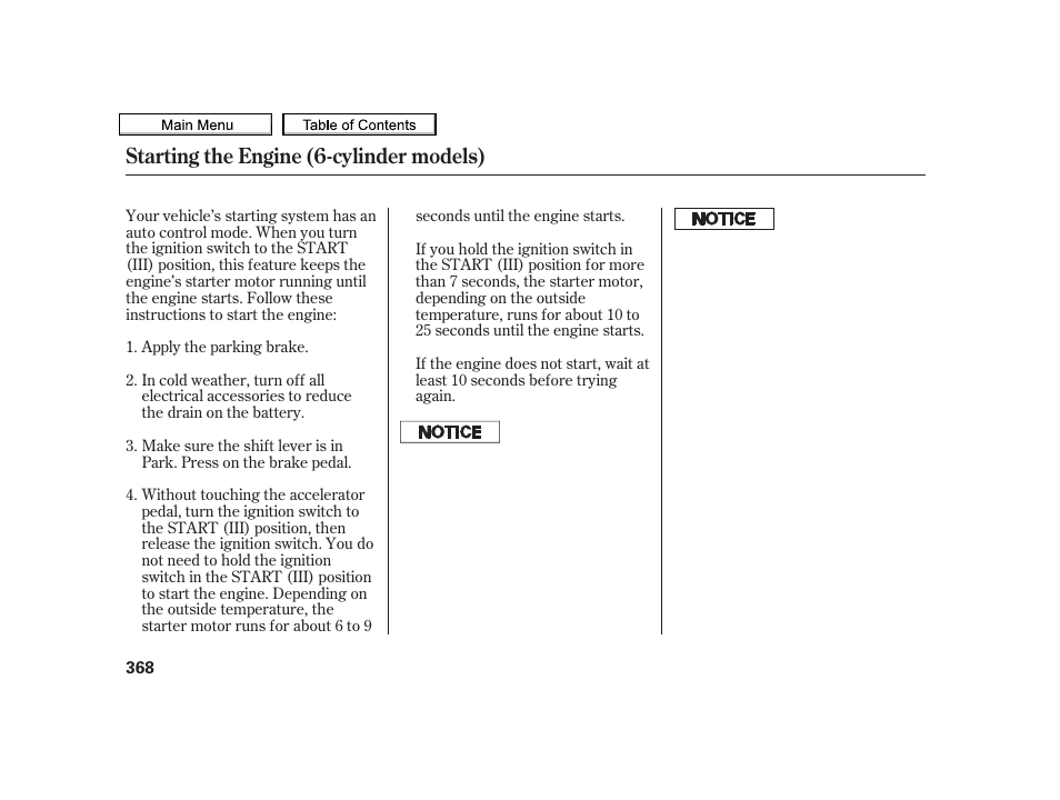 Starting the engine (6-cylinder models) | Acura 2010 TSX User Manual | Page 371 / 524