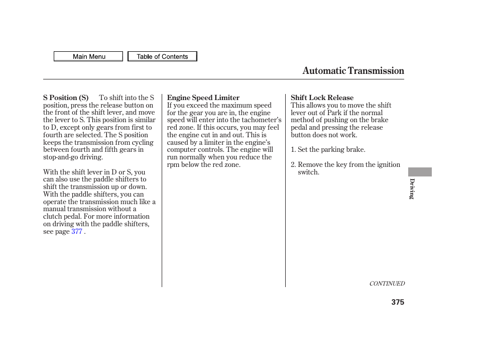 Automatic transmission | Acura 2010 TSX User Manual | Page 378 / 524