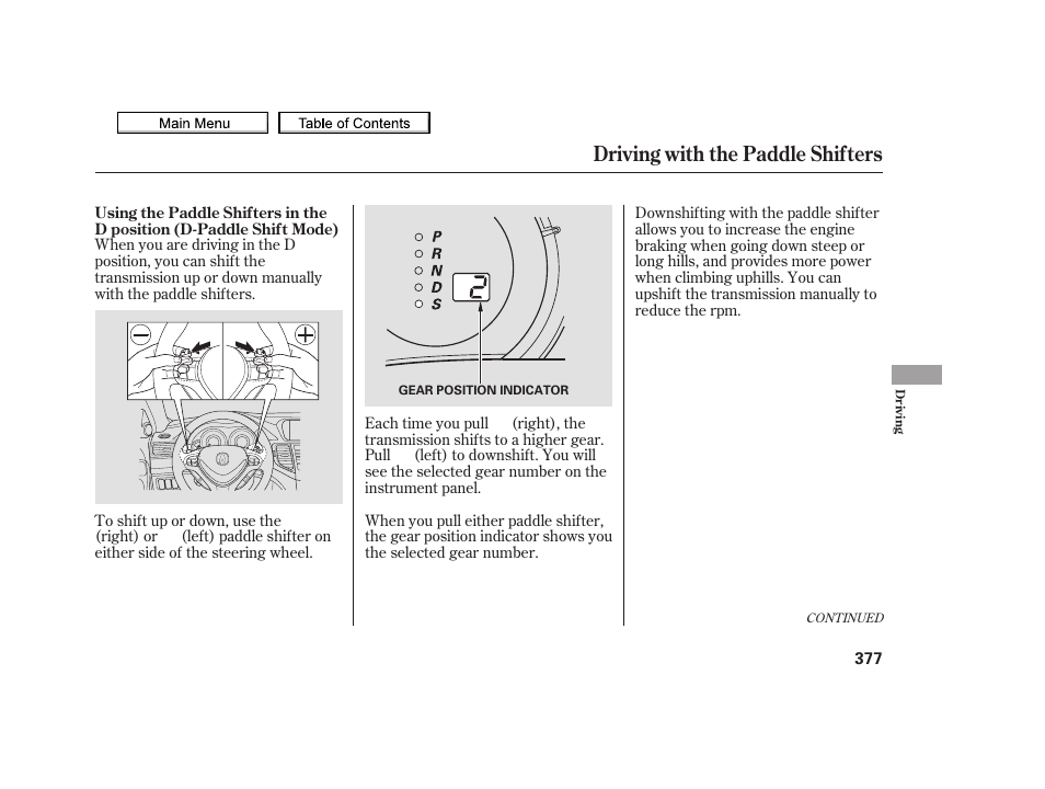 Driving with the paddle shifters | Acura 2010 TSX User Manual | Page 380 / 524