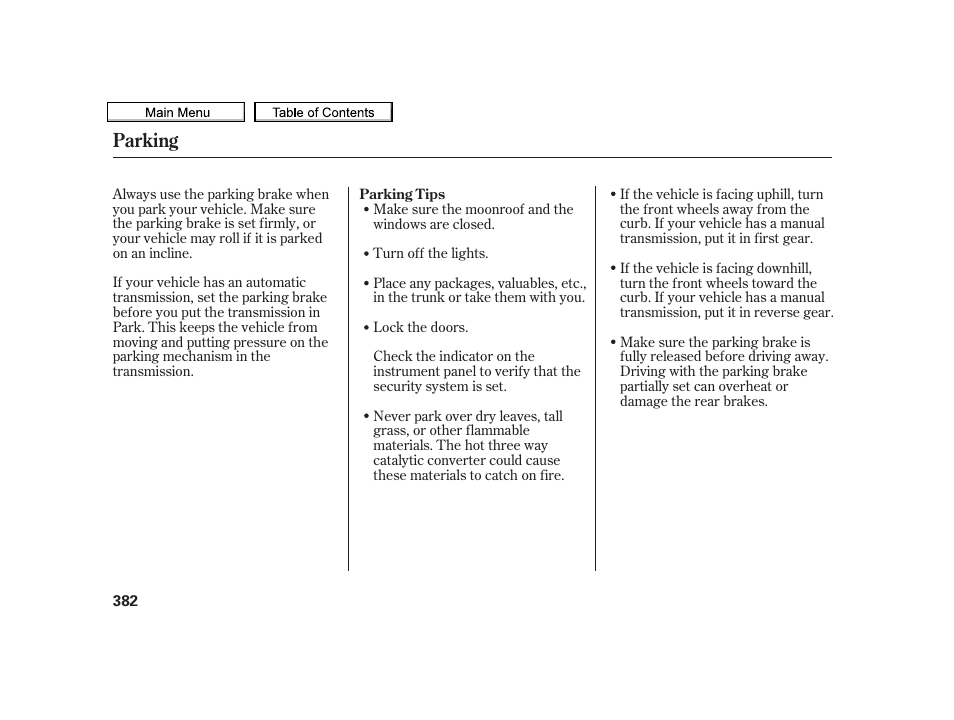 Parking | Acura 2010 TSX User Manual | Page 385 / 524