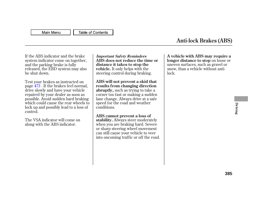 Anti-lock brakes (abs) | Acura 2010 TSX User Manual | Page 388 / 524