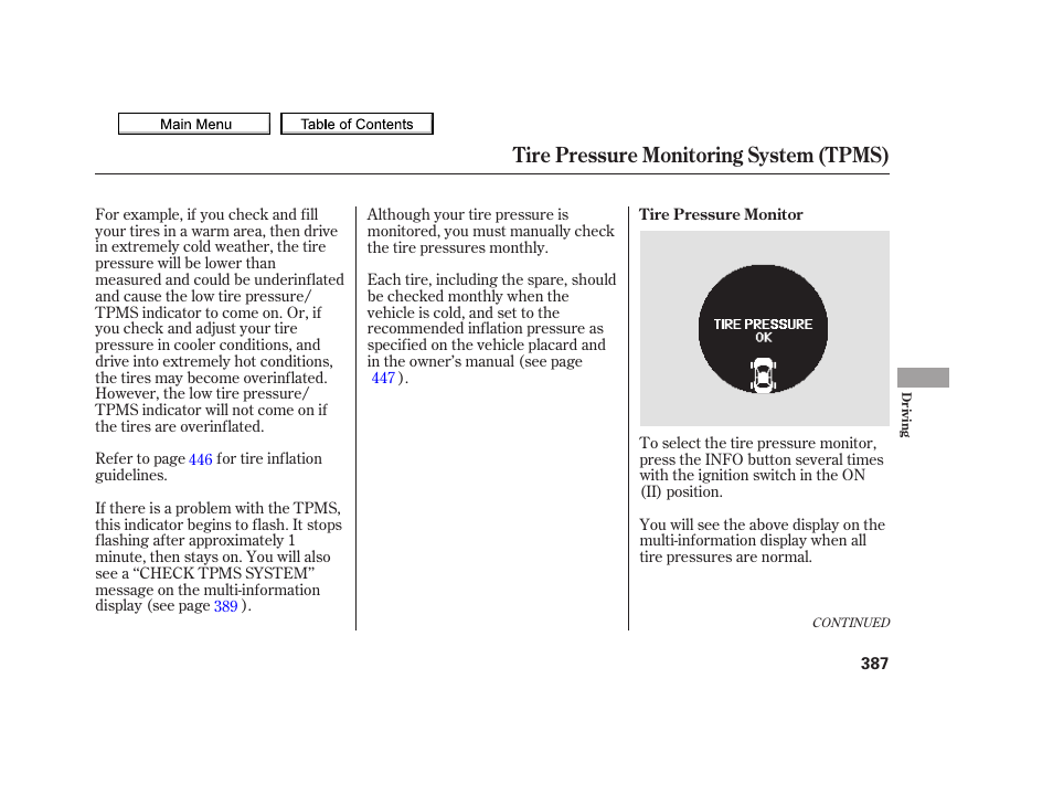 Tire pressure monitoring system (tpms) | Acura 2010 TSX User Manual | Page 390 / 524