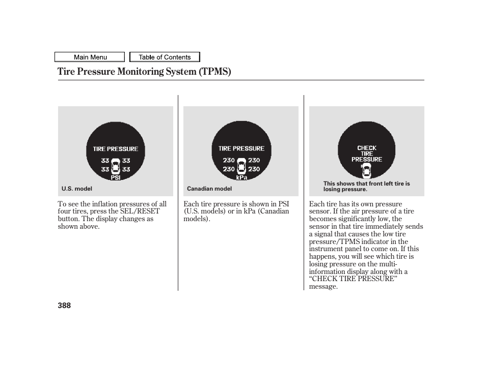 Tire pressure monitoring system (tpms) | Acura 2010 TSX User Manual | Page 391 / 524