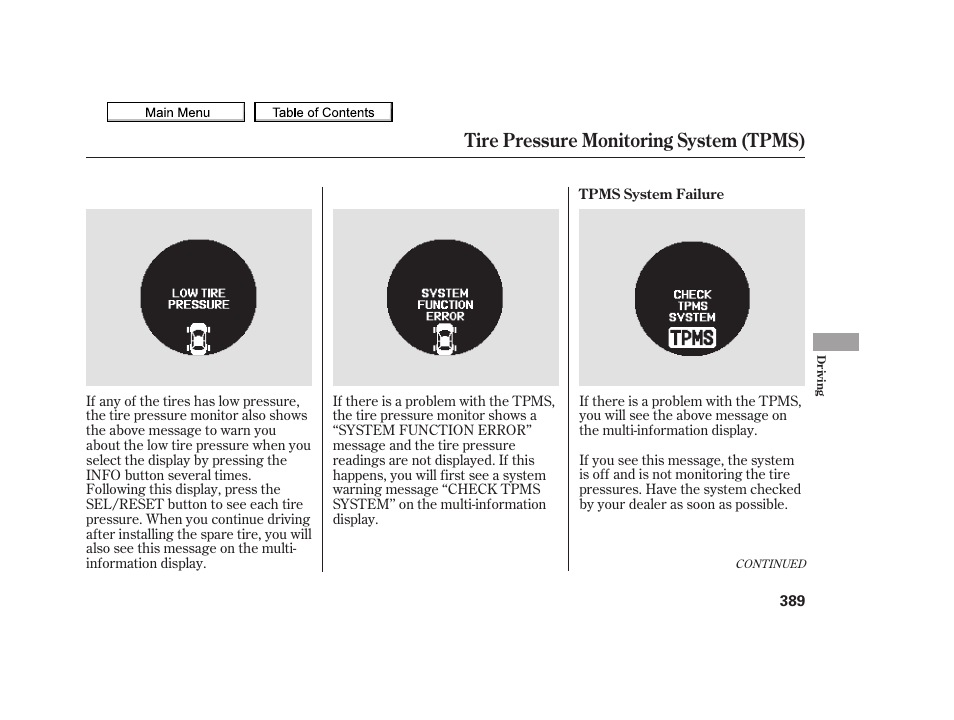 Tire pressure monitoring system (tpms) | Acura 2010 TSX User Manual | Page 392 / 524
