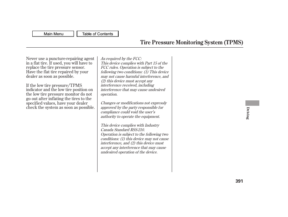 Tire pressure monitoring system (tpms) | Acura 2010 TSX User Manual | Page 394 / 524