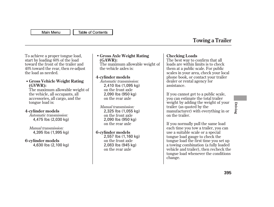 Towing a trailer | Acura 2010 TSX User Manual | Page 398 / 524