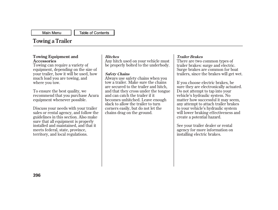 Towing a trailer | Acura 2010 TSX User Manual | Page 399 / 524