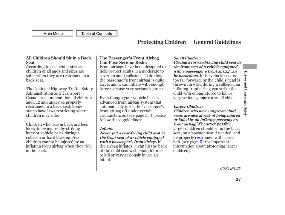 Protecting children general guidelines | Acura 2010 TSX User Manual | Page 40 / 524