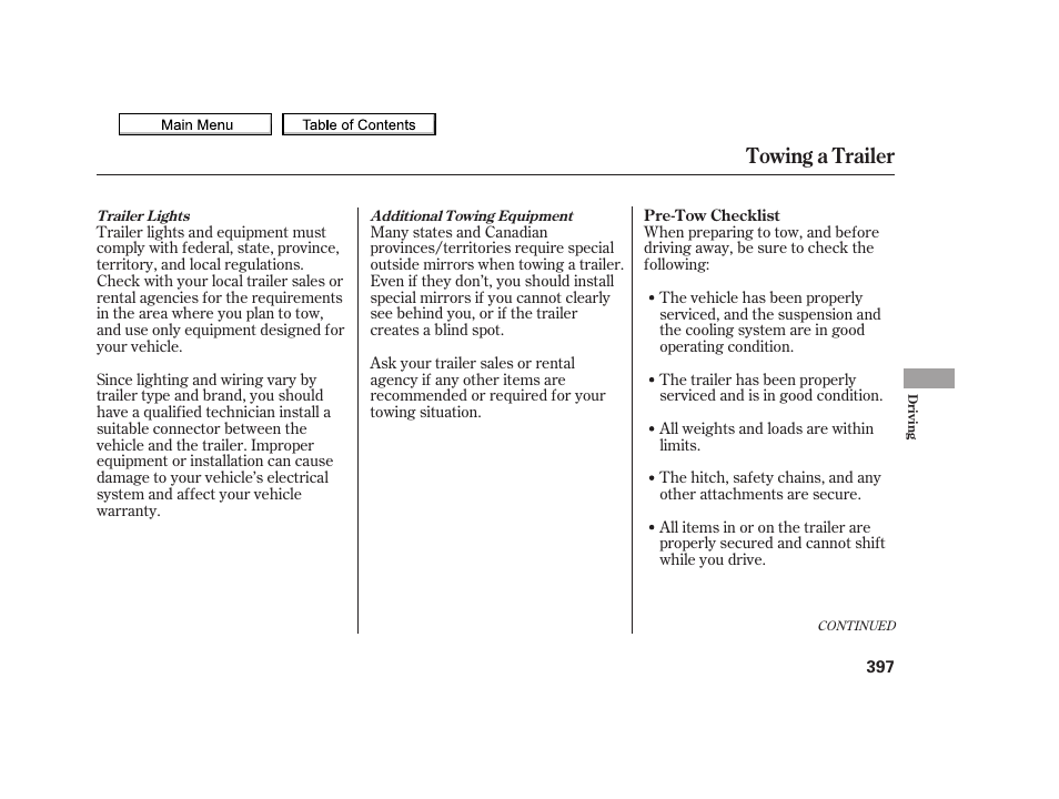 Towing a trailer | Acura 2010 TSX User Manual | Page 400 / 524