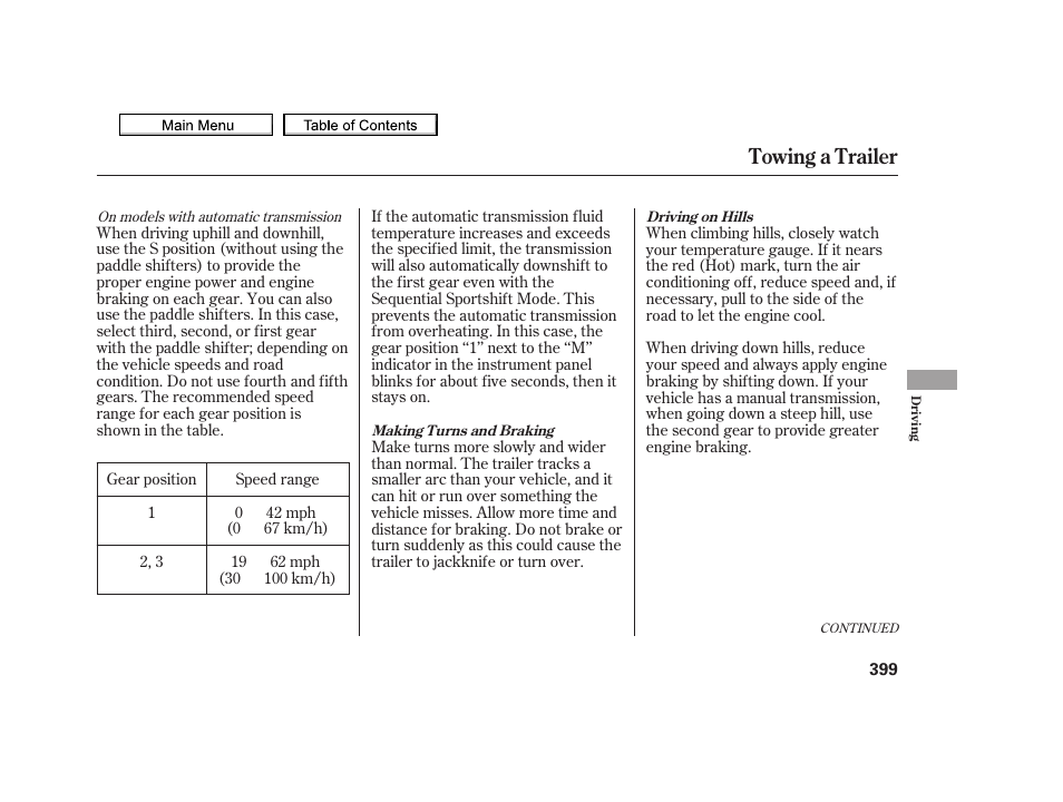 Driving, On hills, Towing a trailer | Acura 2010 TSX User Manual | Page 402 / 524
