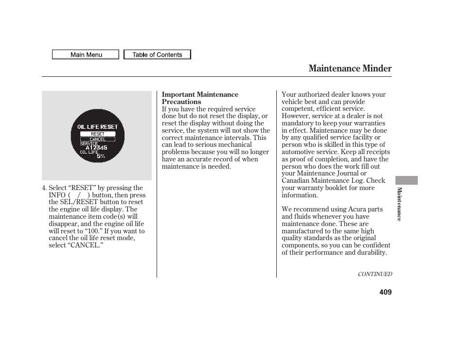 Maintenance minder | Acura 2010 TSX User Manual | Page 412 / 524