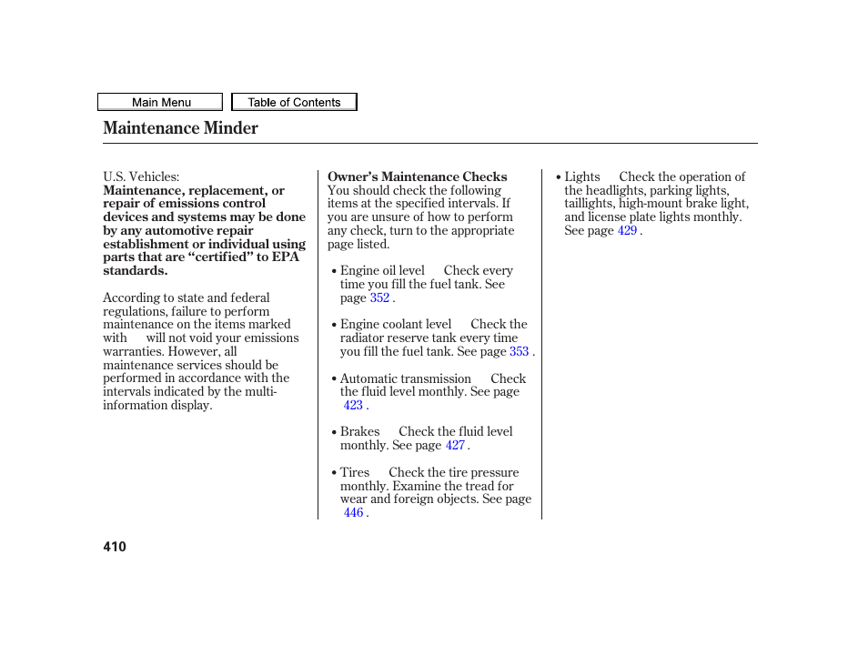 Maintenance minder | Acura 2010 TSX User Manual | Page 413 / 524