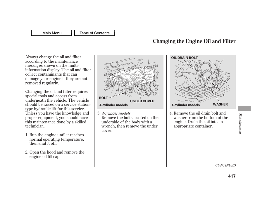 Changing the engine oil and filter, 2010 tsx | Acura 2010 TSX User Manual | Page 420 / 524