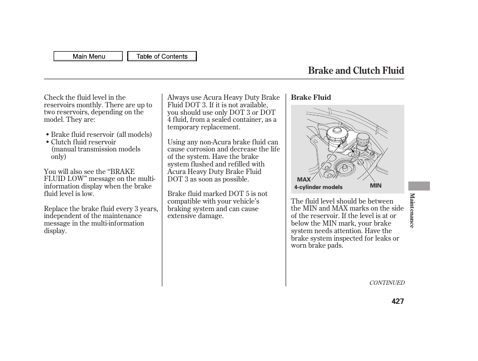 Brake and clutch fluid, 2010 tsx | Acura 2010 TSX User Manual | Page 430 / 524