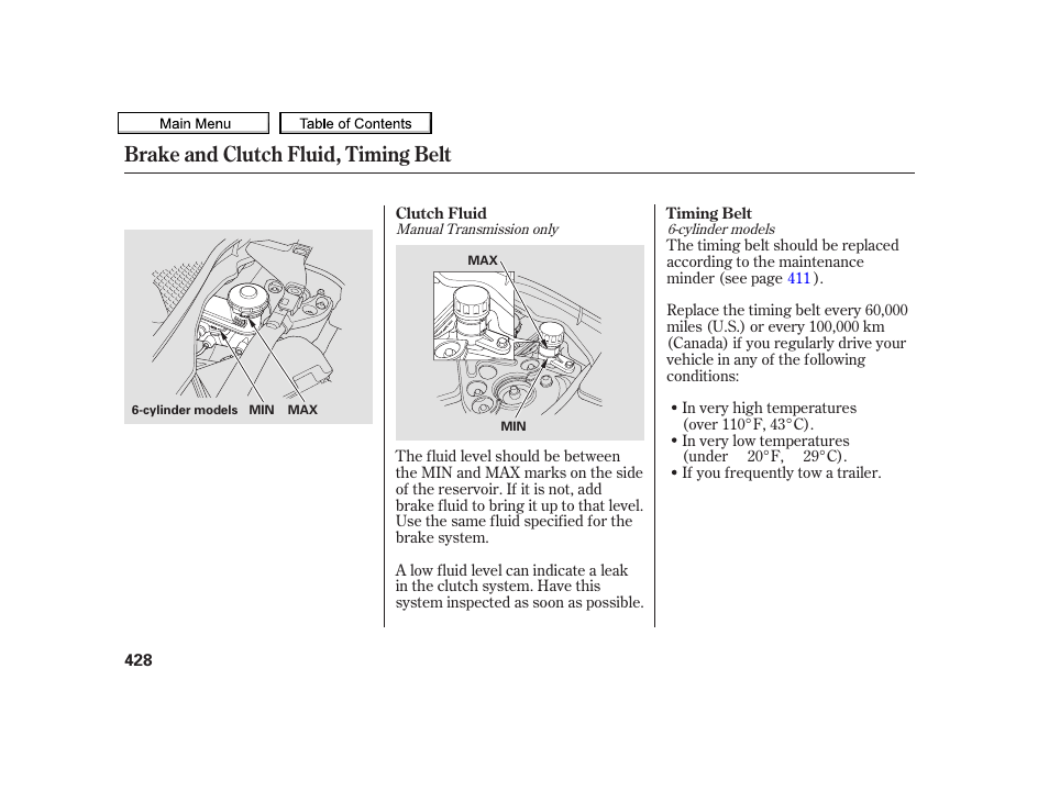 Brake and clutch fluid, timing belt | Acura 2010 TSX User Manual | Page 431 / 524