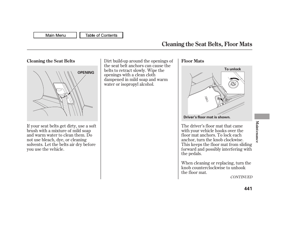 Cleaning the seat belts, floor mats, 2010 tsx | Acura 2010 TSX User Manual | Page 444 / 524