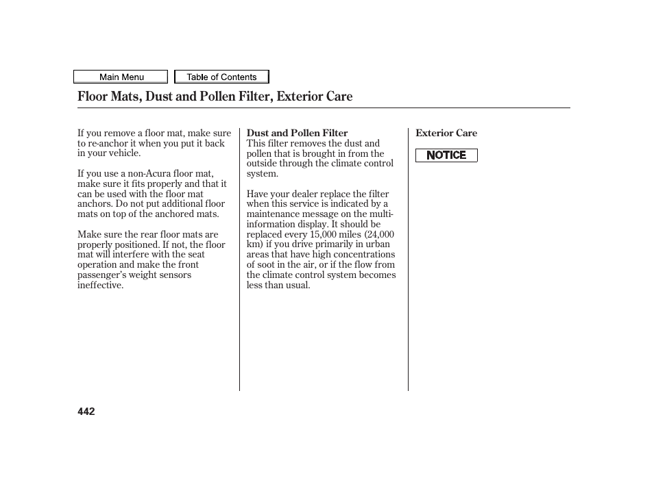 Floor mats, dust and pollen filter, exterior care | Acura 2010 TSX User Manual | Page 445 / 524