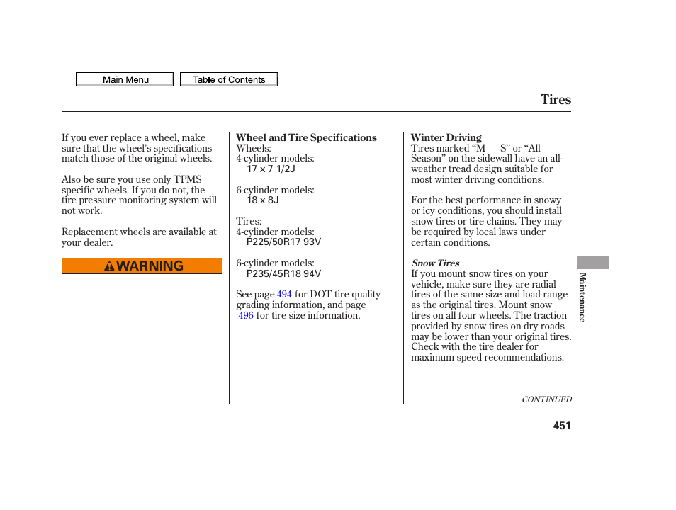 Tires | Acura 2010 TSX User Manual | Page 454 / 524