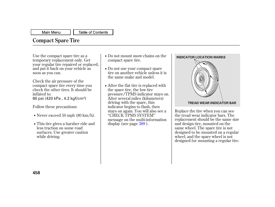 Compact spare tire | Acura 2010 TSX User Manual | Page 461 / 524