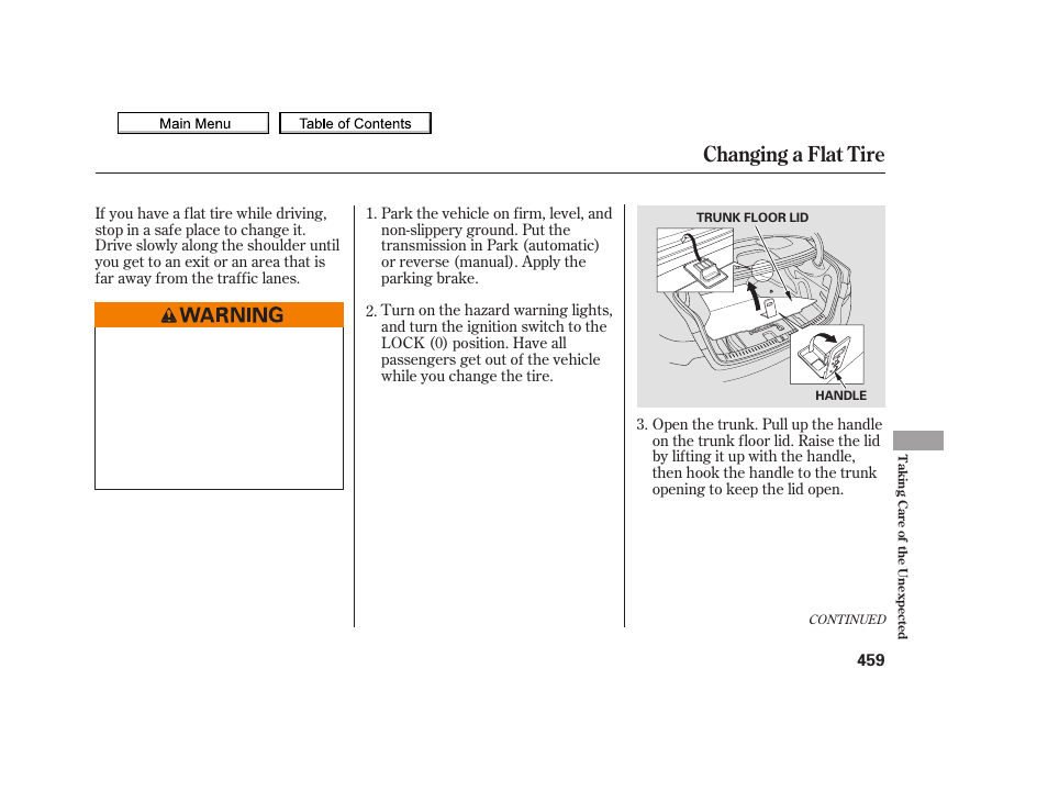 Changing a flat tire, 2010 tsx | Acura 2010 TSX User Manual | Page 462 / 524