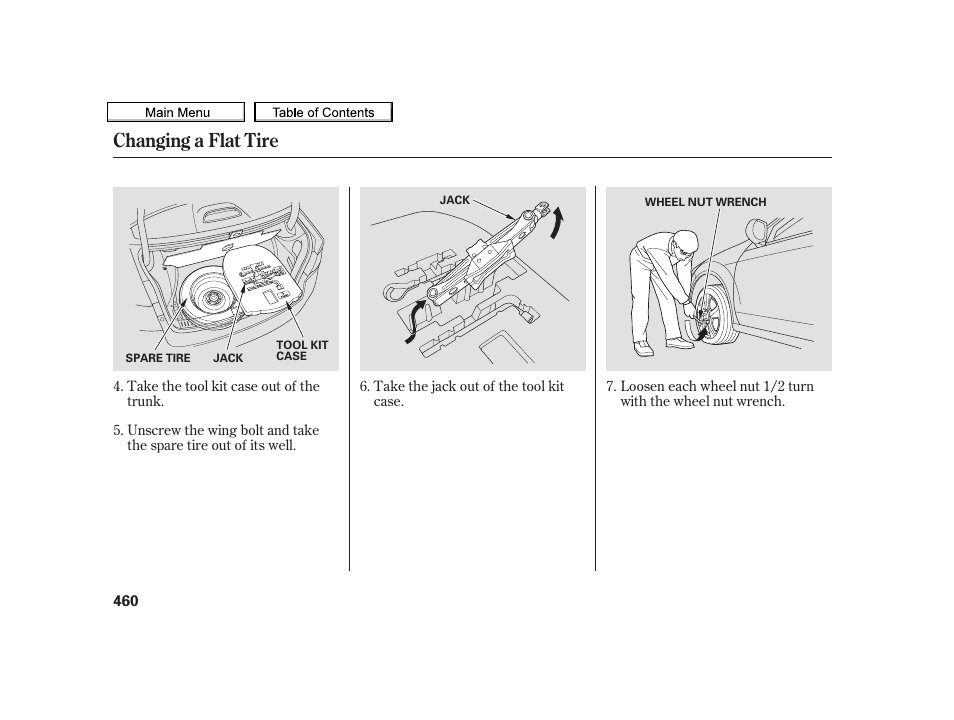 Changing a flat tire | Acura 2010 TSX User Manual | Page 463 / 524