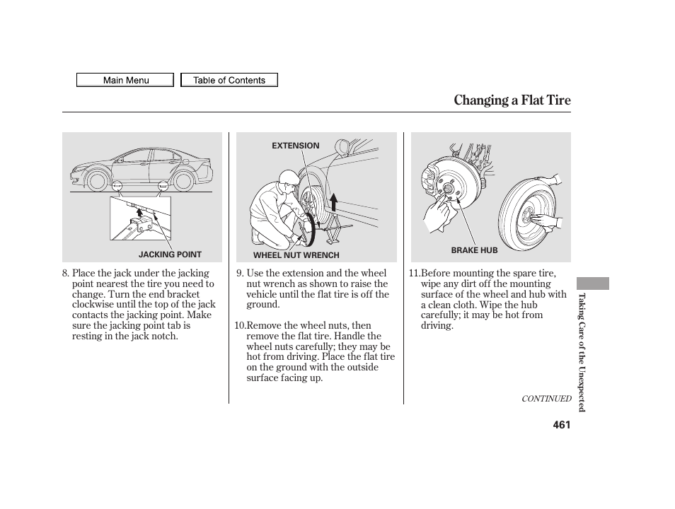 Changing a flat tire, 2010 tsx | Acura 2010 TSX User Manual | Page 464 / 524