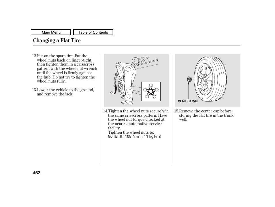 Changing a flat tire | Acura 2010 TSX User Manual | Page 465 / 524